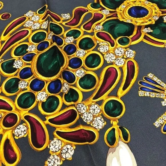 CHANEL Black Silk Scarf with Jewel Motif Pearls 35” x 35” - Picture 4 of 4